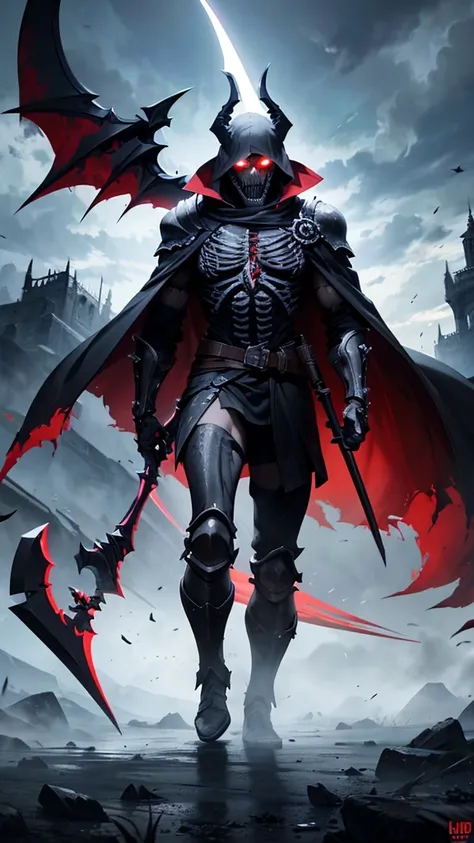 (8k, hdr, ultra realistic). A gaming logo particularly featuring a Skeleton warrior wearing a dark cape like thing holding a scythe on its shoulder, dynamic grey/black background, red shining eye, dark clouds above with decent transparency, lighting in ski...