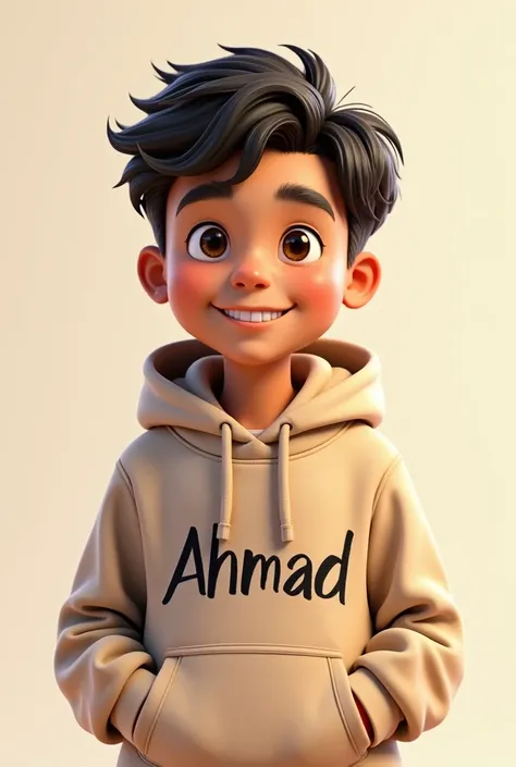 A  smile boy wear a hoodie with logo and the logo is “AHMAD”