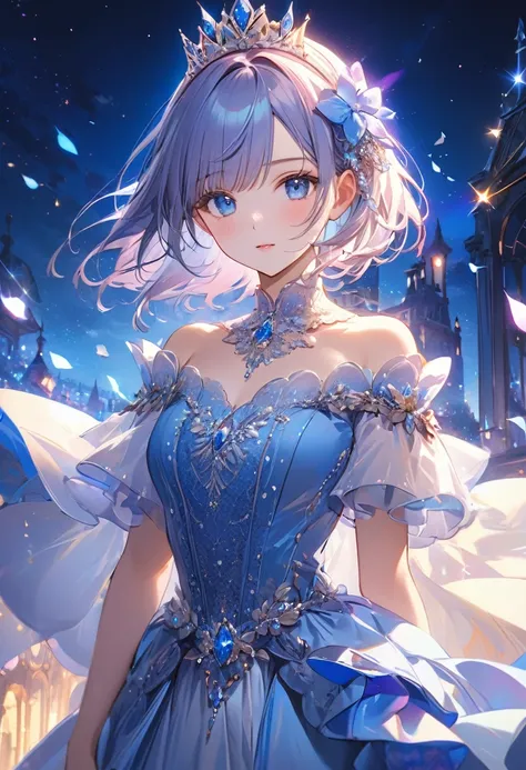 (Night Theme Art),(Best Quality),(masterpiece),(1. Princess),(Alone),Delicately painted face,Beautiful face girl,Beautifully detailed, Clear blue eyes,(Blue fashion with beautiful details)Heavy exposure,Kaleidoscopic,#SDXL、One Girl,cute、Stylish Style