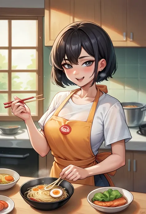 A (30 years old) anime girl with short black hair, wearing a bright orange apron, is stir-frying noodles in a large pan in a modern kitchen. The kitchen has an orange and white design inspired by the Xiaomi brand. The girl is using chopsticks to stir the f...