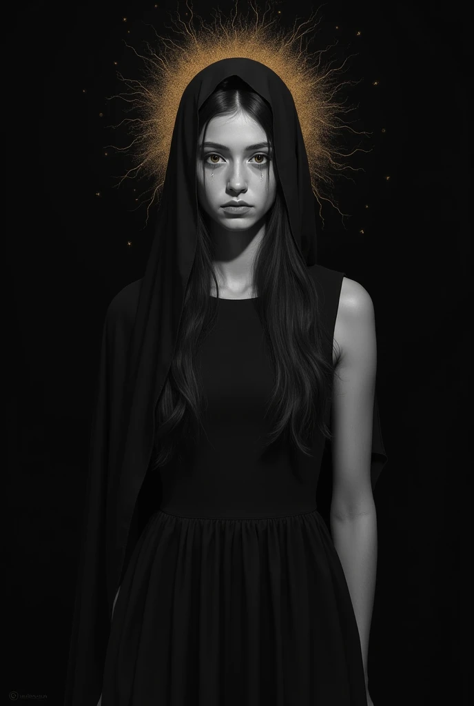 Beautiful fair skinned girl with long black hair dressed in a black closed dress with her head covered with a black scarf with a golden halo above her head icon style painting black background drawn with pencil looking down and crying reddish eyes