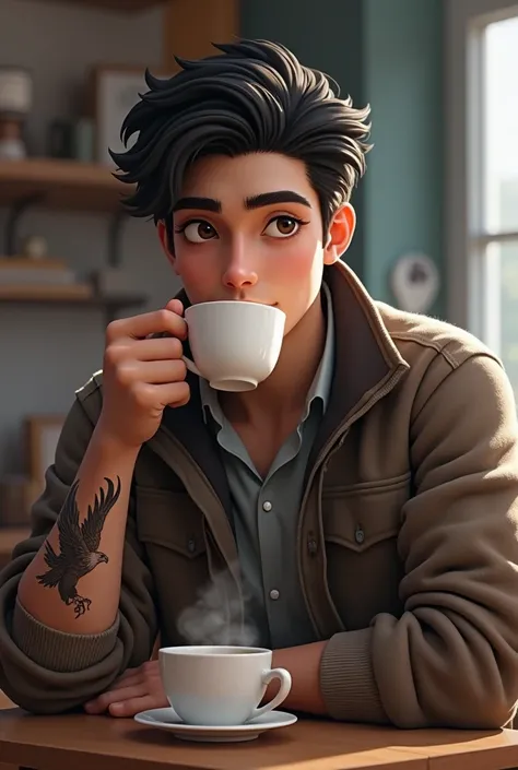 Handsome 22 year nepali boy, college dress, cold season, drinking tea, eagle tatoo on the forearm