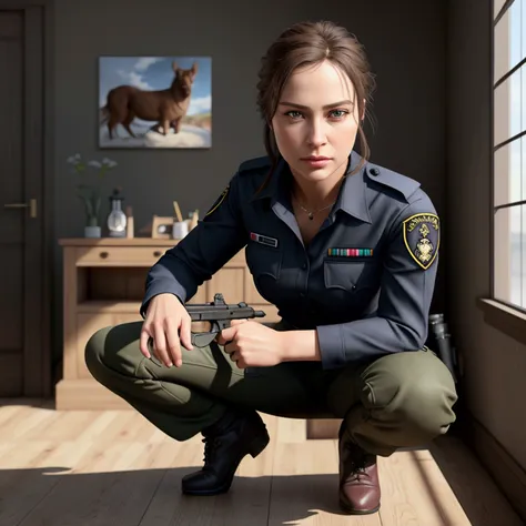 a female rcmp, squatting pose, holding a rifle, photorealistic, 8k, high quality, extremely detailed, realistic, realistic lighting, dramatic, vivid colors, hyperrealistic, ((best quality)), ((masterpiece)), (detailed), ((best quality)), ((masterpiece)), (...