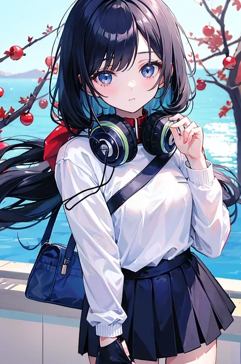 1    girl with long-sleeved sweater covering his uniform. She also wears black tights and puts her headphones around her neck. Most of the time, she has part of her bangs covering her eye, small Breasts, blue eyes, black hair with red lines of  hair, In a ...