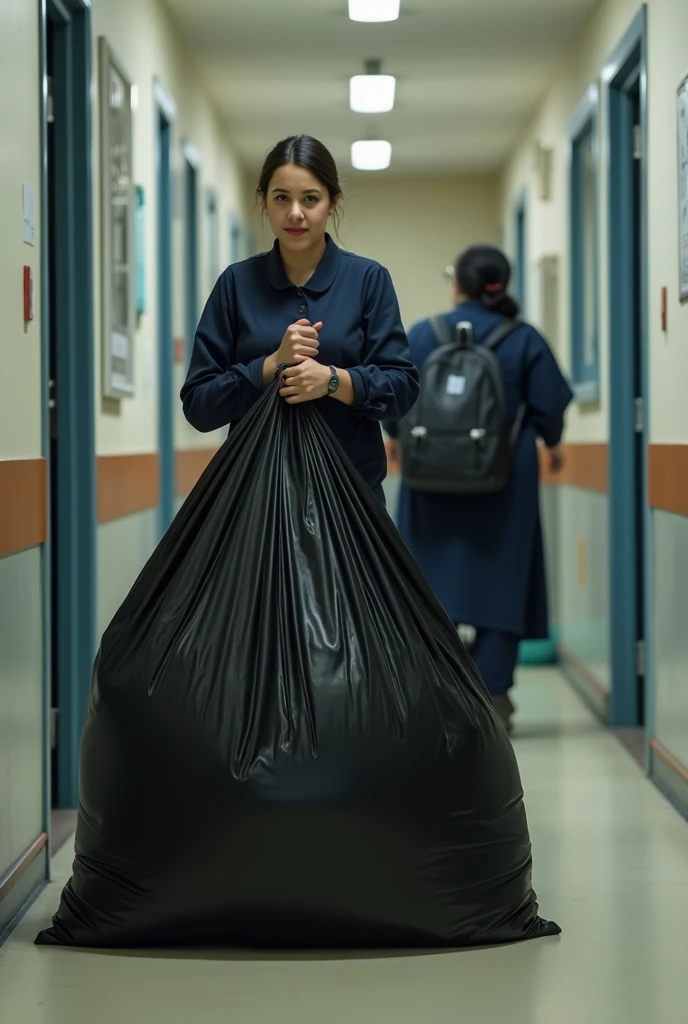 A teacher pulled a long black sack containing a 1m65 tall female student stuffed into the sack, completely covering the girls body, and slowly pulled the sack away from the hallway. 