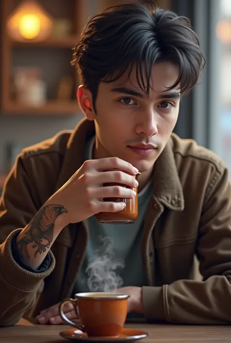 Handsome 22 year nepali boy, college dress, cold season, drinking tea, eagle tatoo on the forearm