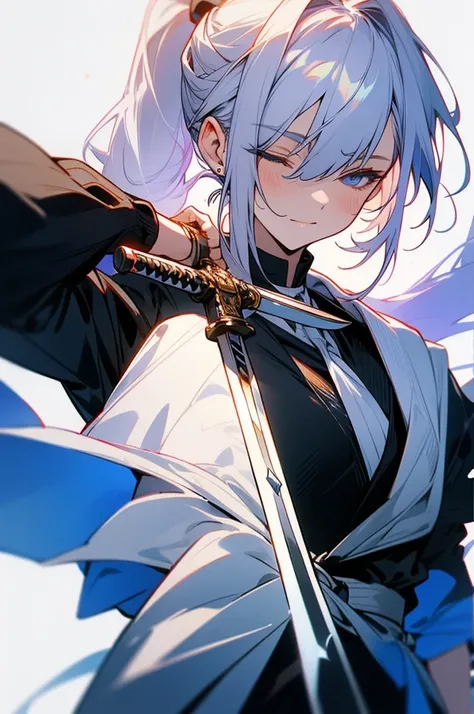 Hair color is white, Straight hair, Tied up ponytail, One eye closed, He holds a white sword in one hand., It feels like something is walking towards me from a mysterious space., pretty face, Wearing clothes like a prosecutor