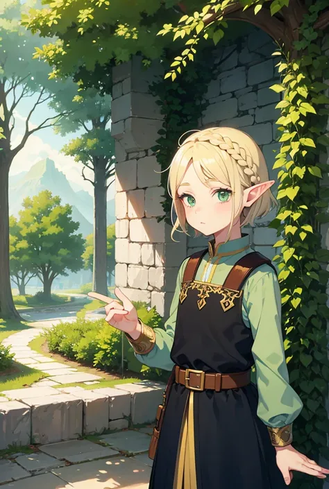 adult Elf boy, short blond hair, small braid on the side, green eyes, long eyelashes, sweet, cute, fantasy, thin, brotherly