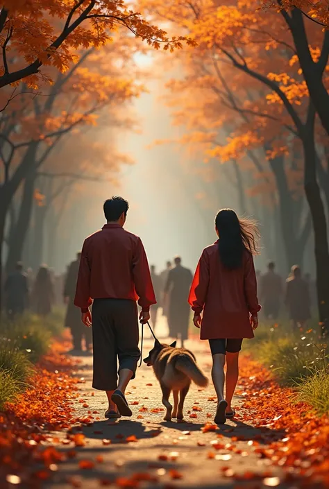 Japanese men and women walking on a path covered with fallen leaves、Walking a shepherd dog、Japanese men are macho、Japanese women are of average build、Many other people are walking、Detailed anatomy、Detailed muscle tissue、Very detailed、Realistic photos、Photo...