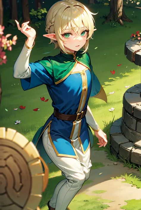 adult Elf boy, short blond hair, small braid on the side, green eyes, long eyelashes, sweet, cute, fantasy, thin, brotherly