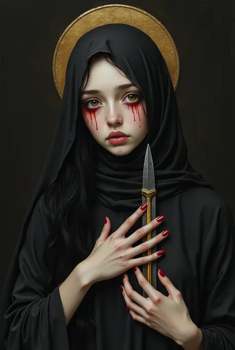 Beautiful girl with fair skin with long black hair dressed in a black closed dress with her head covered with a black scarf with a golden halo above her head a picture in the style of an icon a black background drawn with a pencil and crying reddish eyes w...