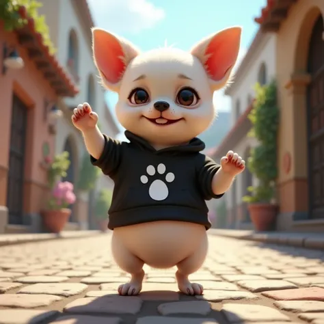 Create a highly realistic image of a white Chihuahua standing on its hind legs in a town. The dog, wearing a black shirt with a footprint design and with a chubby belly, is raising one paw and looking directly at the camera, which is positioned on the grou...