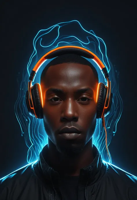 shawt a black man in a futuristic audio visualization, glowing orange headphones, abstract human silhouette, dark background, ne...