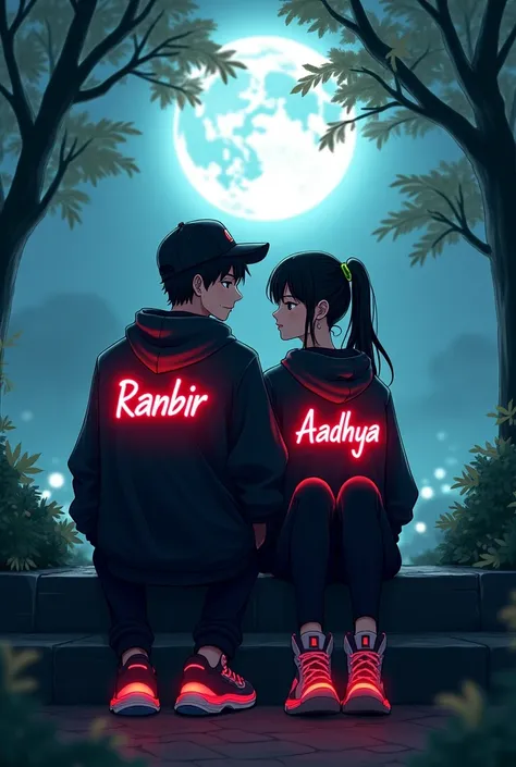 In this enchanting anime-style illustration, a young Japanese couple sits on a set of steps, enveloped in a mystical moonlit environment. The boy dons a sleek black hoodie with the word "Ranbir" emblazoned in bright red neon lights, accentuated by a black ...