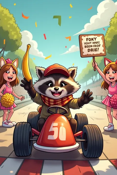 A cute little raccoon with a scarf and baseball cap is driving a Bobbycar and triumphantly holding a banana in his hand. He is laughing and having fun as he drives through the finish line and tinsel falls down from above A cute little fox girl in a pink ch...