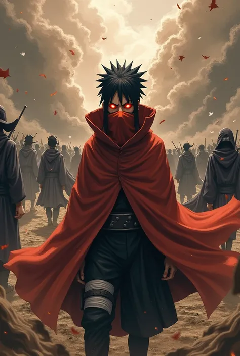 Create obito uchiha with his sharingan and fighting against the whole ninja world 