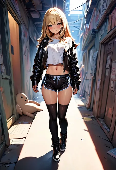 Cute and adorable beautiful young teen blonde goth girl Marin Kitagawa from my dress up darling, flirty goth emo cutie blushing and shy wearing dolphin shorts and crop top t-shirt with leather jacket, knee-high boots and red garter belt, Ultra HD, cinemati...