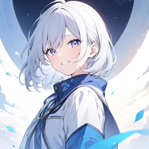 girl　short hair　((Silver Hair)) Blue hair, smiling, looking at the viewer, standing portrait