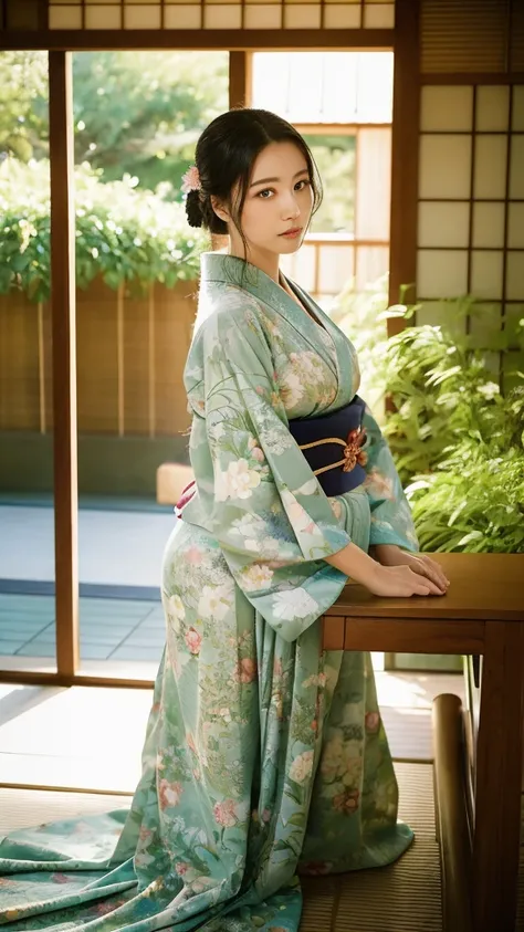 A vivid, high-resolution (1.3) image of a beautiful woman with a perfect body sitting in a traditional Japanese house overlooking a serene Japanese garden. She has a very beautiful face, captivating eyes, and long black hair. She is wearing a traditional k...