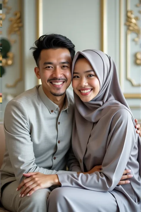 ((best quality)), ((masterpiece)), (detailed), perfect faceperfect face A very handsome Indonesian man, with a very beautiful Indonesian girl ,Wearing a long, straight, neat hijab,wearing silver Beautiful and elegant Muslim dress,Sitting together on a supe...