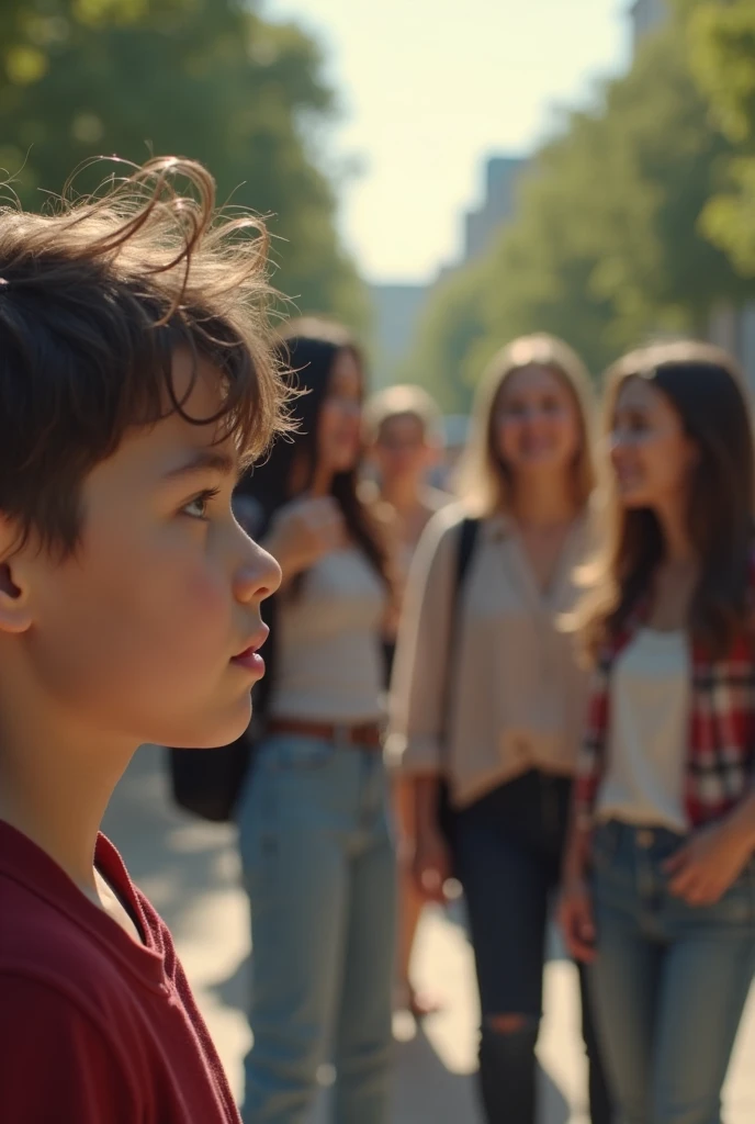 Image of a young boy staring at his crush eyes ,who is busy in talking at a distance with her female friends in college 