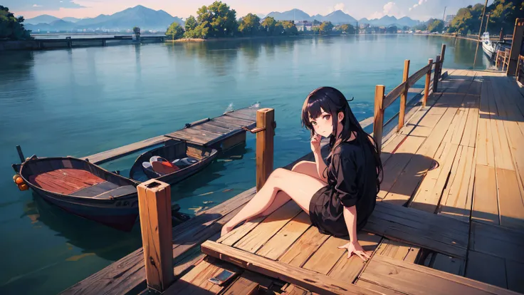 there is a woman sitting on a dock with a boat in the water, a picture by Yang J, trending on cg society, realism, artwork in the style of guweiz, guweiz, near a jetty, beautiful anime girl, anime style 4 k, sitting on a wooden dock, sitting near a river, ...