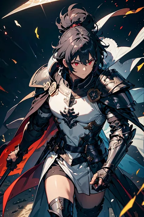 Black background with spotlight,　 male１people、（Black Hair,Fantasy, knight,Paladin,Gorgeous detailed armor dress, Gauntlet, Capelet, Shin guards,breastplate, cuff, Full Armor, Holds a holy, long, shining sword, Divine Aura, Dark red eyes, Translucent hair, ...