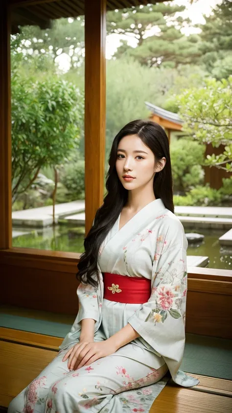 A vivid, high-resolution (1.3) image of a beautiful woman with a perfect body sitting in a traditional Japanese house overlooking a serene Japanese garden. She has a very beautiful face, captivating eyes, and long black hair. She is wearing a traditional k...