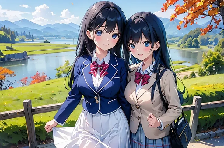 (((Masterpiece, 16k, Highest quality, Ultra-high resolution, Depth of subject))), ((Very detailed, Japanese countryside scenery, autumn leaves)), (((High school girl in blazer uniform, friend, ２people, skirt, Big Breasts))), Riding a bike, While chatting, ...