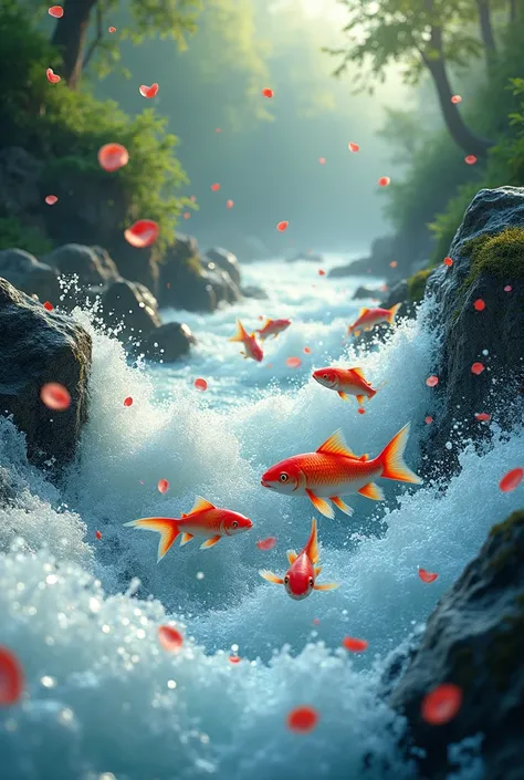 The water is flow with a very high speed and some fishes are moving and flowers are falling in the water from sky