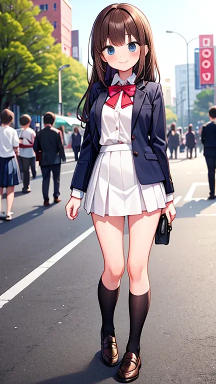 {Highest quality], [Super beautiful], [Ultra fine], [Best illustration], NSFW,Brown Hair, Hime cut, Long Hair, With bangs, girl,high school student,uniform,knit,skirt,smile, blush, Slender women, Adult women,Standing posture,(Public),Night Park,Summer fest...