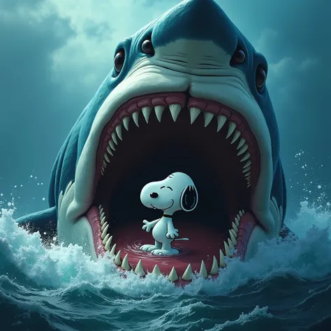 A jaws (shark) is swallowing peanut comics snoopy, opened mouth jaws (shark) vertically, in a deep ocean with splashing waves around the jaws, snoopy screaming, romance style 