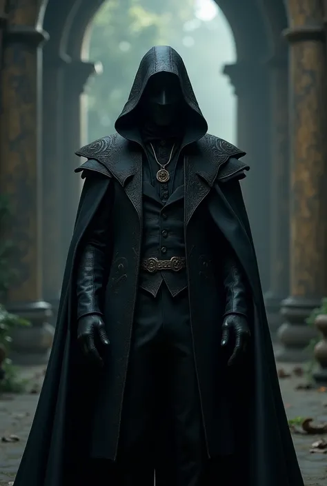 A man in black noble costume wearing a black mask fantasy 