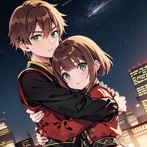 a girl with green eyes, short brown hair , red blouse with long sleeves, googles her hair, affectionately hugging a boy with sho...