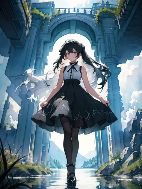 masterpiece, best quality, extremely detailed, extremely detailed eyes and face, illustration, dynamic angle, cinematic lighting, depth of field, watercolor, 1 girl, long hair, black hair, full body, fluffy and tightly coiled curls, soft yet tightly coiled...