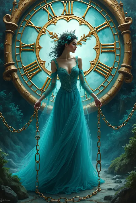 colorful hand-painted, Oil painting on canvas, high quality, Michelangelo, chains, chains, chains, oriental teal chains lady in front of a magical detailed elegant clock with chains and magical forest background, magical chains clock teal, fantasy artstyle...