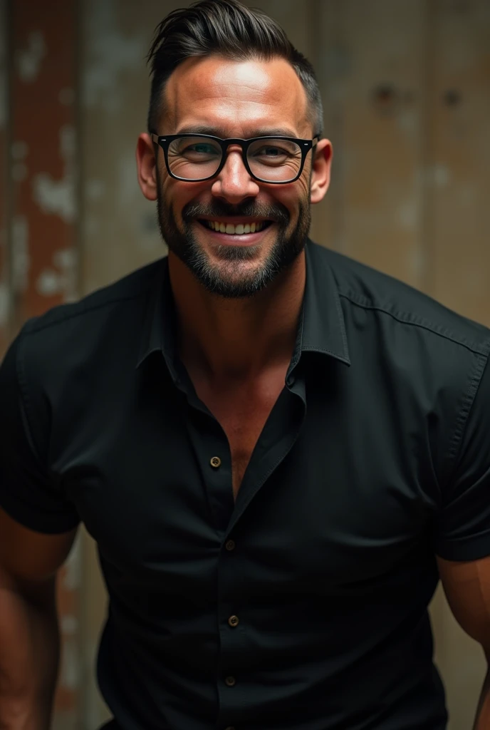 wild muscle AND handsome man, (30 year old daddy:1.1), 1 chico, Alone,  (black dress shirt), (broad shoulders), musculature, stubble, short beard, beautiful eyes:1.3, ), (detailed face:1.3), Wearing glasses, smiles, Dynamic angle, volumetric lighting, (bes...