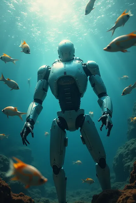 Suddenly a robot machine enter in the water surface where fishes are moving 