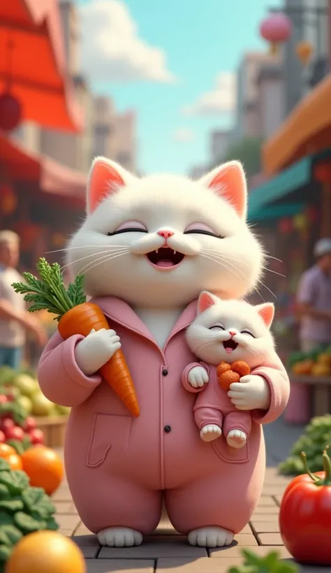 Fat white mother cat and white kitten holding vegetables, wow expression, crowd market background, Fat white cat mother character wearing pink house clothes, kitten wearing pink pajamas, 3D