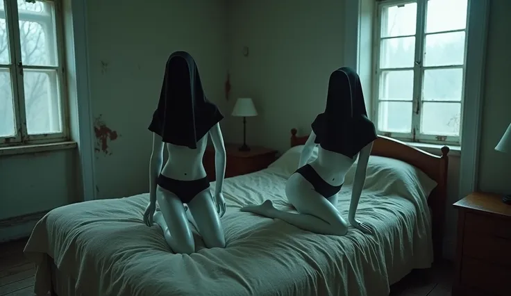 2 sexy white mannequin, wearing sexy black nun clothes, at an abandoned building, eerie feeling, horror, white faceless face, faceless, mannequin girls, seductive, thigh, sexy, nighttime, nighttime, night, moonlit, on bed, seductive, ass view, ass view, as...