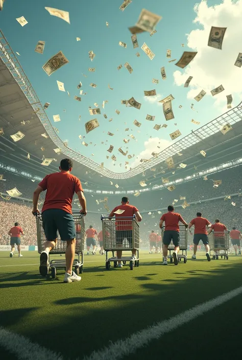 30 customers carry a supermarket trolley over the football stadium field with millions of piles of money flying