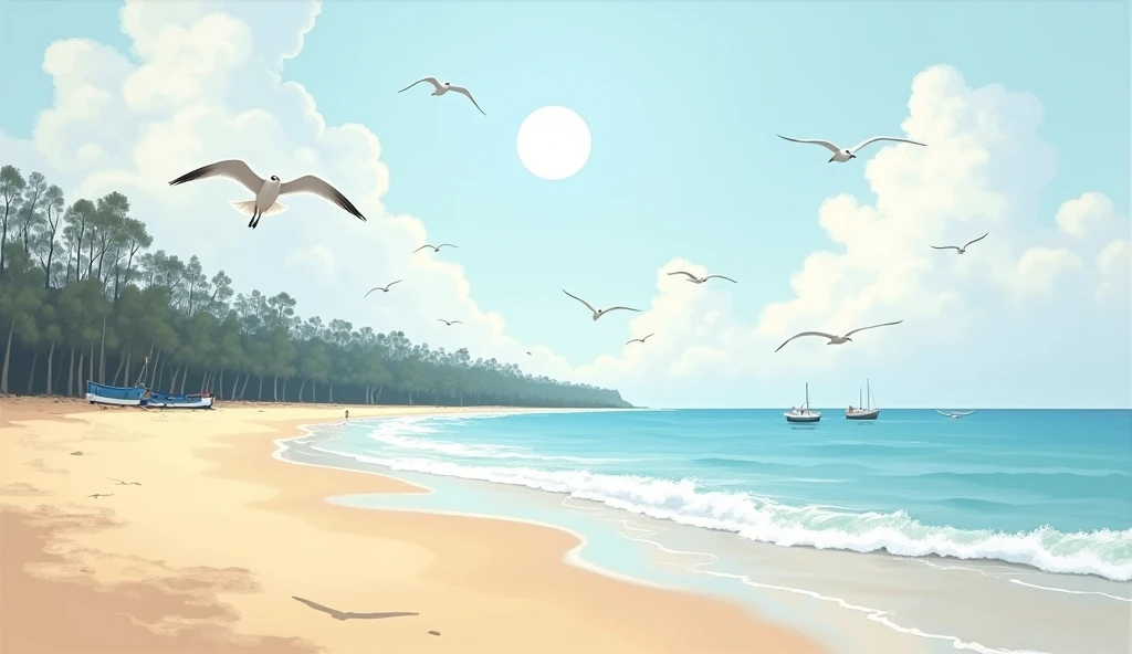 Peaceful oil painting Beautiful beach with long sandy beach, sea waves, seagulls and boats on the sunny and windy sandy beach, In the distance is a row of coastal casuarinas in minimalist painting style.