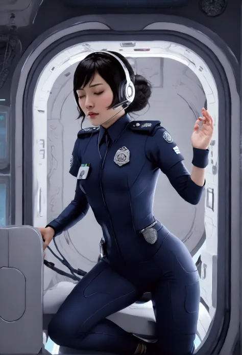 (((( Japanese Woman wearing 2005 japan Police Officer )))), with flowing hair on a realistic futuristic space station)), ((sleeping in coffin shaped futuristic cryopod)), ((cushioned bed with display and glowing control surfaces)), ((scifi circlet on head)...