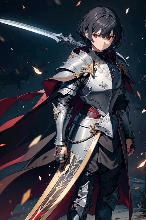 Black background with spotlight,　 male１people、（Short black hair, knight,Paladin,Gorgeous detailed armor dress, Gauntlet, Capelet, Shin guards,breastplate, cuff, Full Armor, Holds a holy, long, shining sword, Dark red eyes, bangs, Short Hair, Short, unkempt...