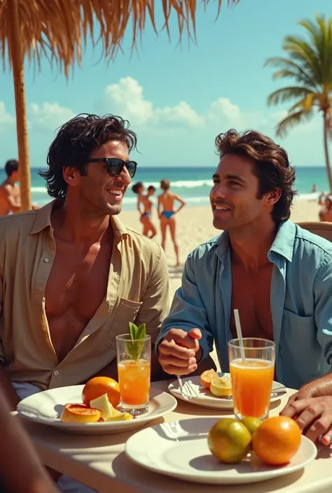 Tony montana, lunette de soleil, chemise brune clair ouverte et son ami Many, chemise bleu ouverte sont assis à un restaurant de plage, avec des fruits et coctails sur la table. Many rigole, Tony à les cheveux en bataille. On voit une plage en arriere fond...