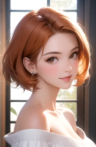 (best quality), (masterpiece), (high resolution), (intricate details:0.2),(professional lighting), room, detailed background, over sized white nit, off shoulder, (previous view), 1girl, solo, (beautiful face:1.40),  slim body, fine skin, smile, short  ligh...