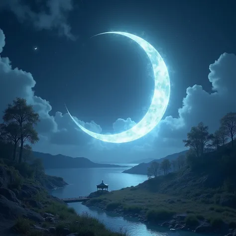 A dreamy crescent moon, ethereal and luminous, shining over a serene landscape, (best quality,4k,8k,highres,masterpiece:1.2),ultra-detailed,(realistic,photorealistic,photo-realistic:1.37), glowing moonlight, atmospheric, cinematic, moody, dramatic lighting...