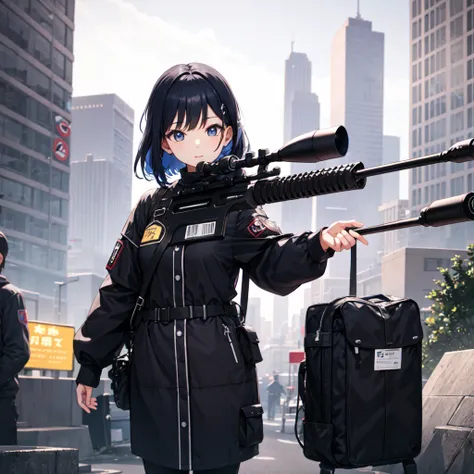 ((Best Quality)), (detailed), Had a sniper rifle,Around ,Black Hair,Blue hair tips,girl,fine,