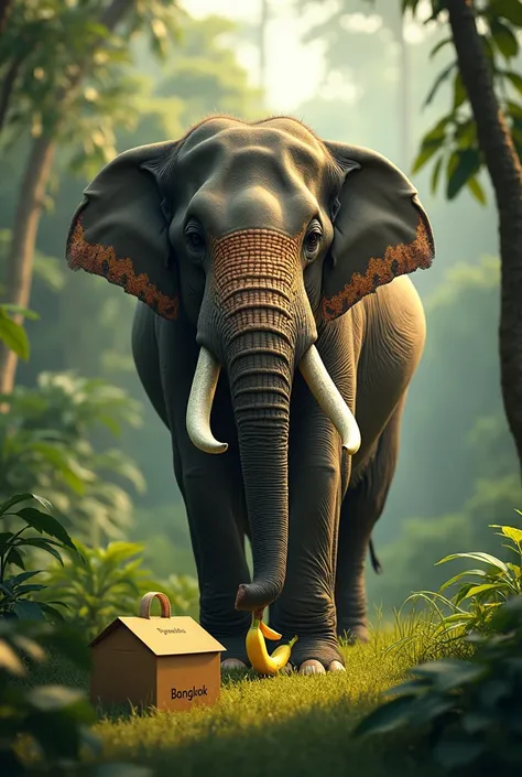 An elephant is eating a banana in the forest and there is a letter that says"Bangkok"It&#39;s on the left corner.