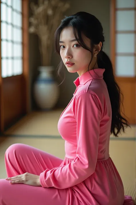 A young Japanese woman in a pink velvet zentai is sitting.